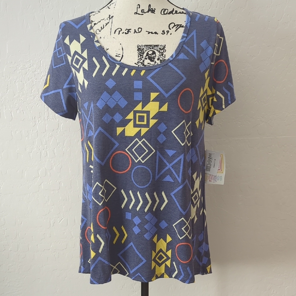 LuLaRoe M Classic Tee Blue and Yellow Geometric Short Sleeve Top